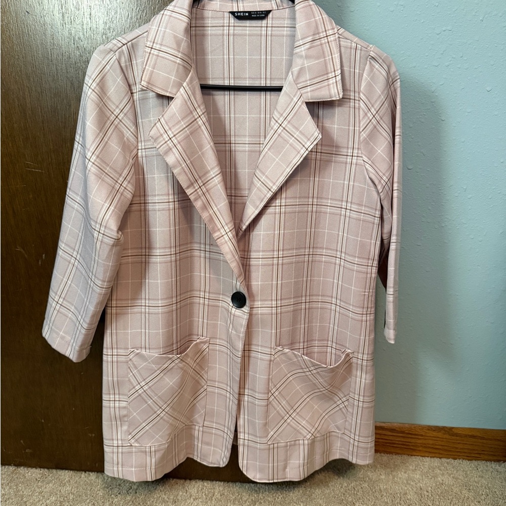 SHEIN Light Pink Plaid Blazer